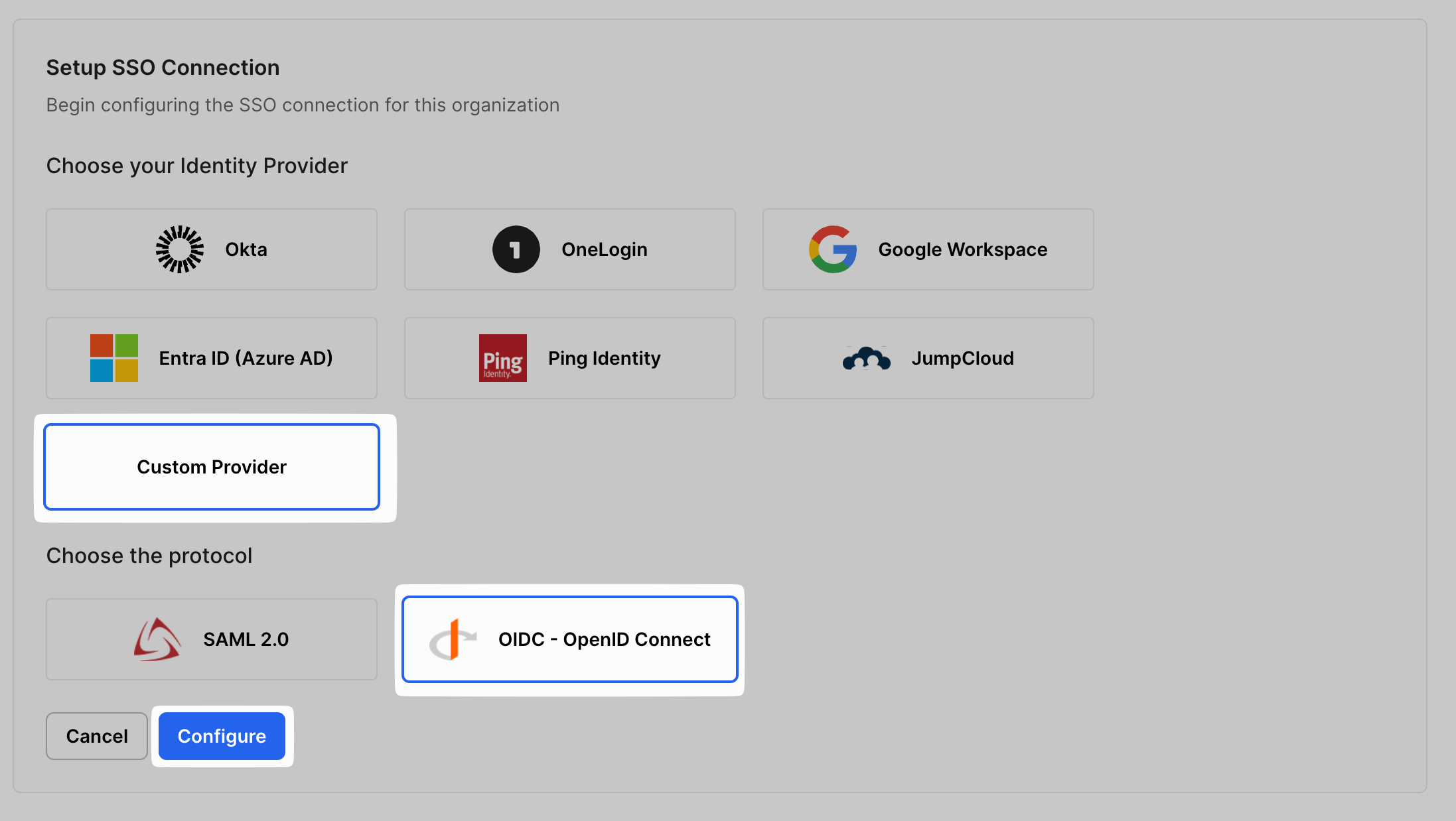 Select Custom Provider→OIDC and then Configure