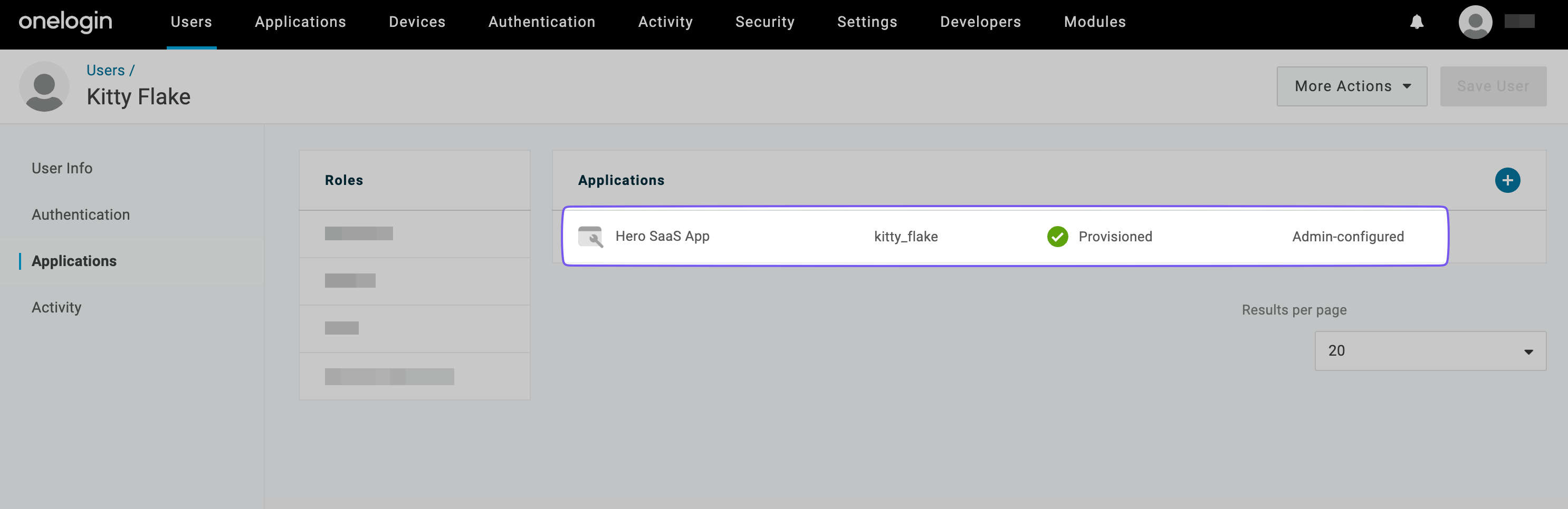 OneLogin user profile for Kitty Flake displaying assigned applications, with Hero SaaS App provisioned and admin-configured.