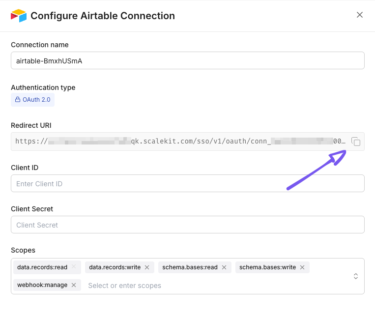 Airtable OAuth app settings page showing Redirect URI field with copied redirect URI value