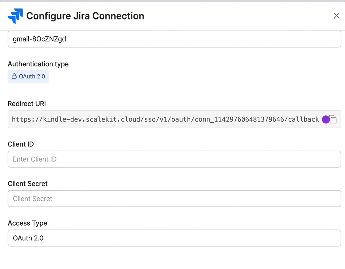 Configure Jira Connection with redirect URI