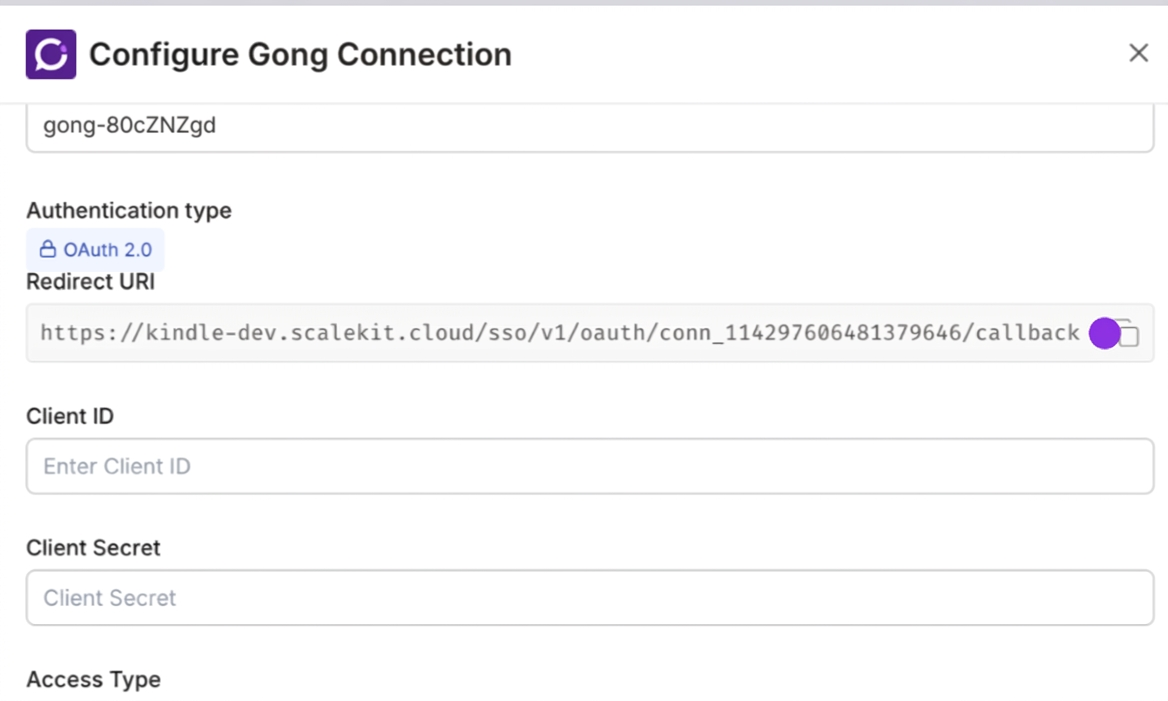 Configure Gong Connection with redirect URI