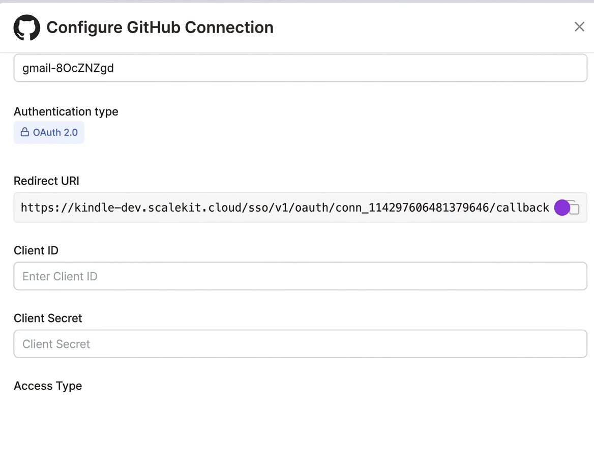 Configure GitHub Connection with redirect URI